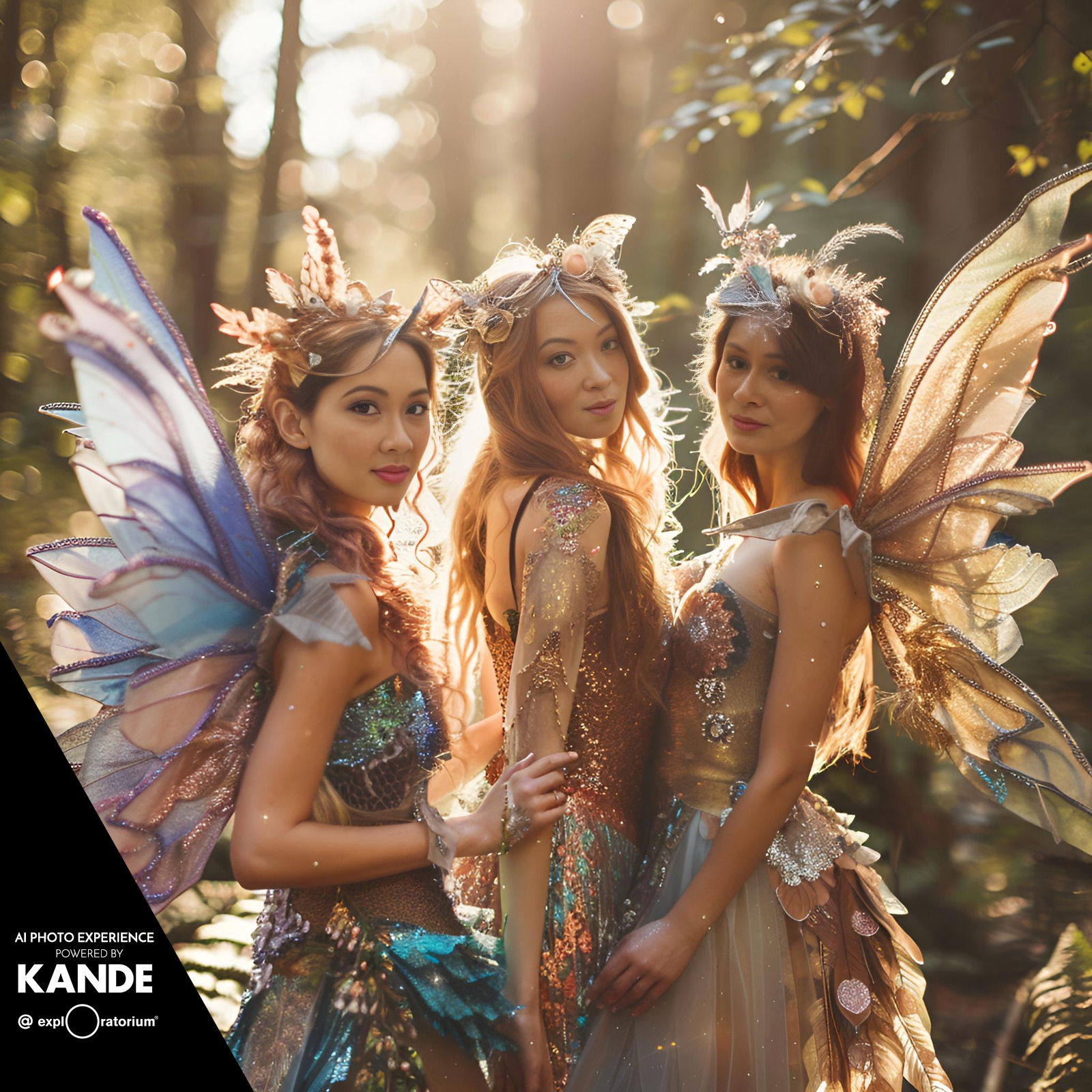Three women dressed as fairies with elaborate wings and costumes pose in a forest setting at an AI photo booth