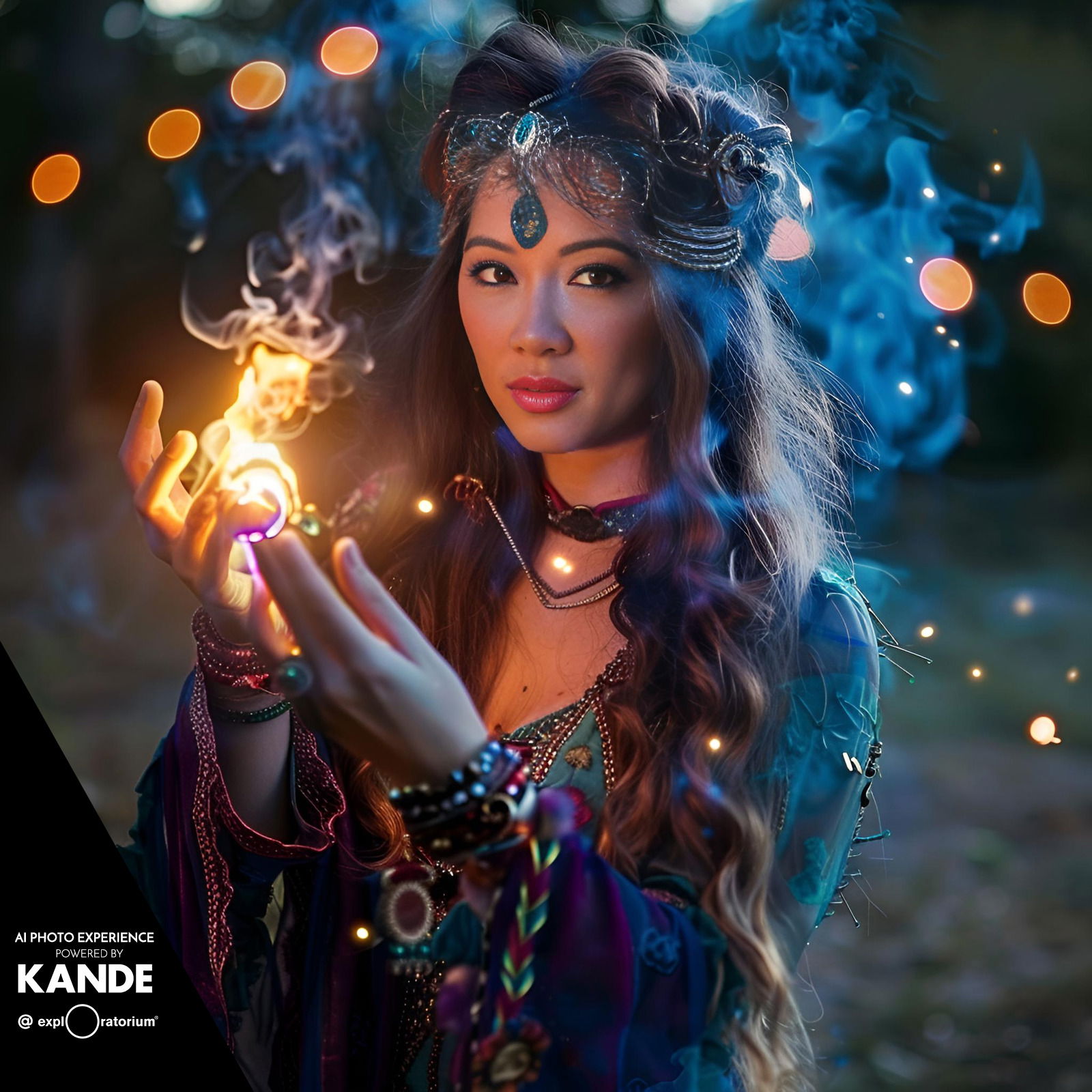 A woman in fantasy-themed attire poses with a glowing orb in her hand amid smoke and magical effects at an AI photo booth.