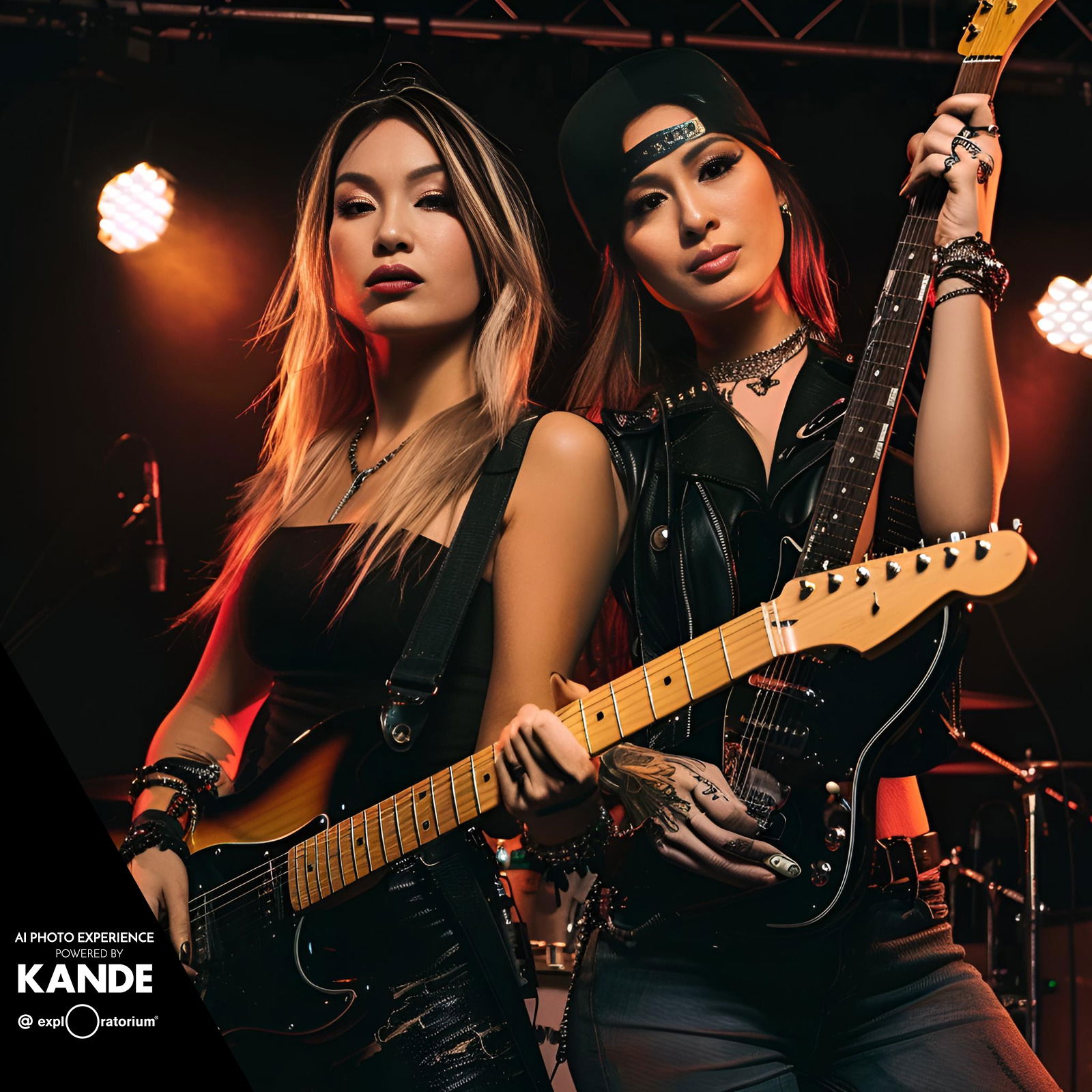 Two women holding electric guitars pose under stage lights at an AI photo booth.