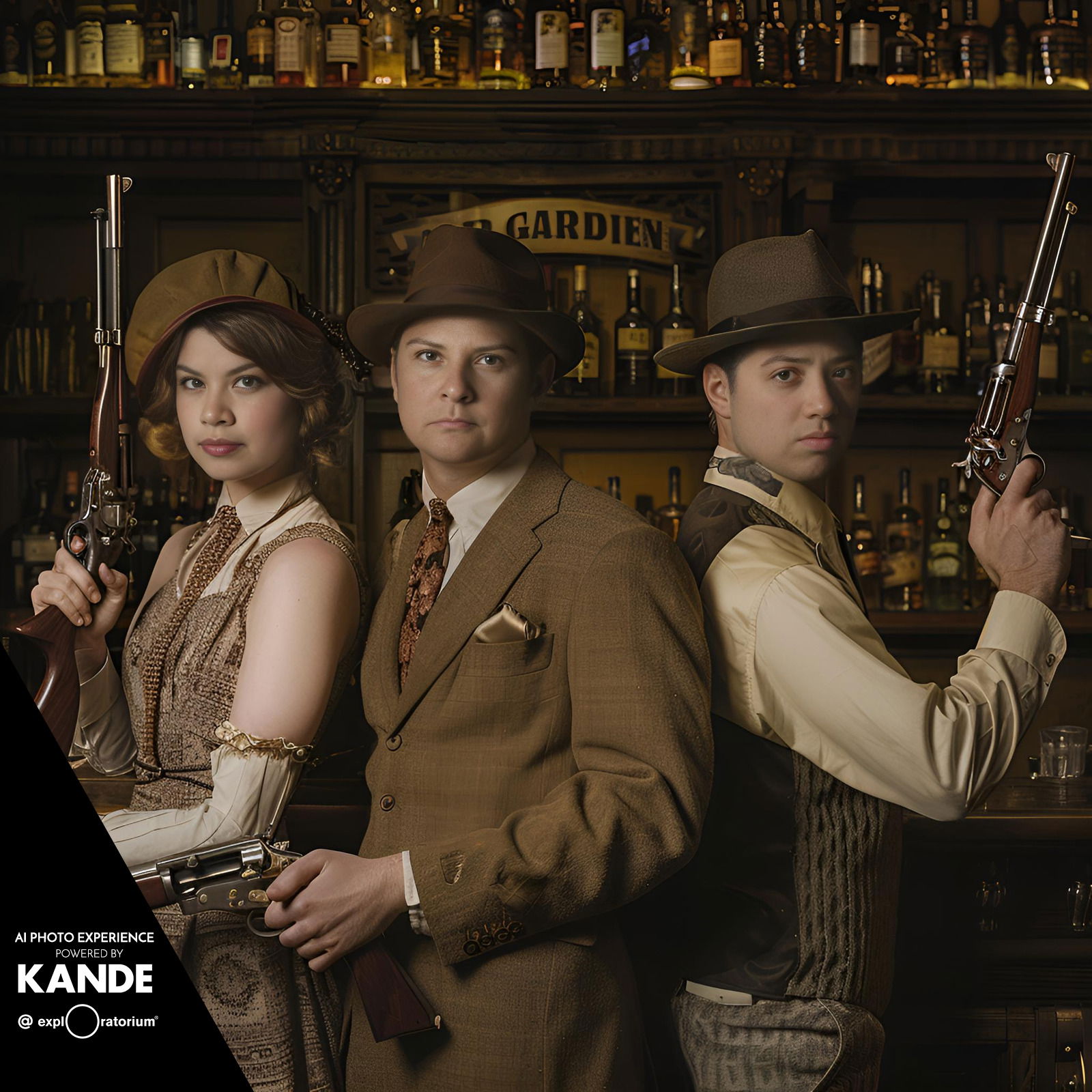 Three people dressed in vintage gangster-style costumes pose with prop guns in front of a bar backdrop at an AI photo booth rental